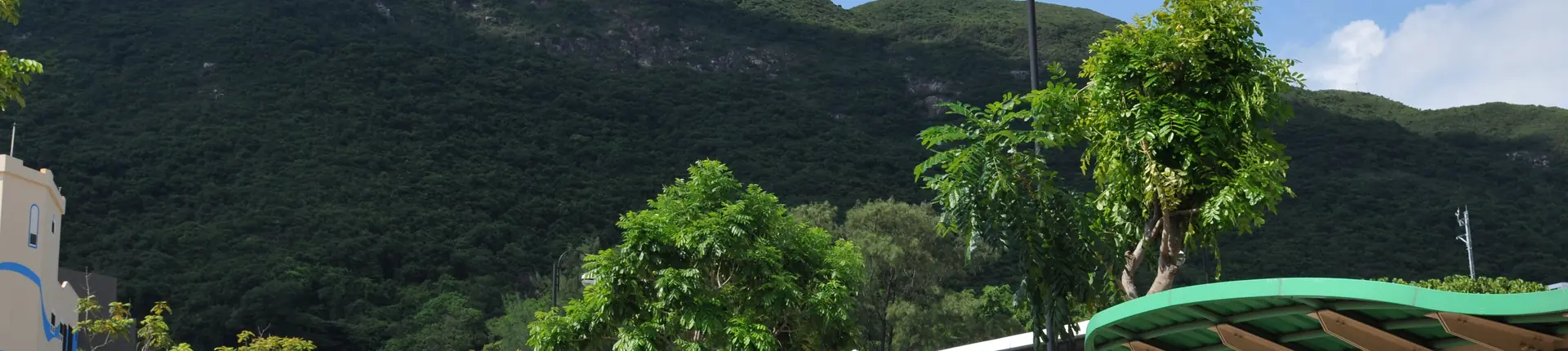 Grüne Fahrgeschäft-Schienen und Palmen unter bewaldeten Hügeln im Ocean Park, Hongkong