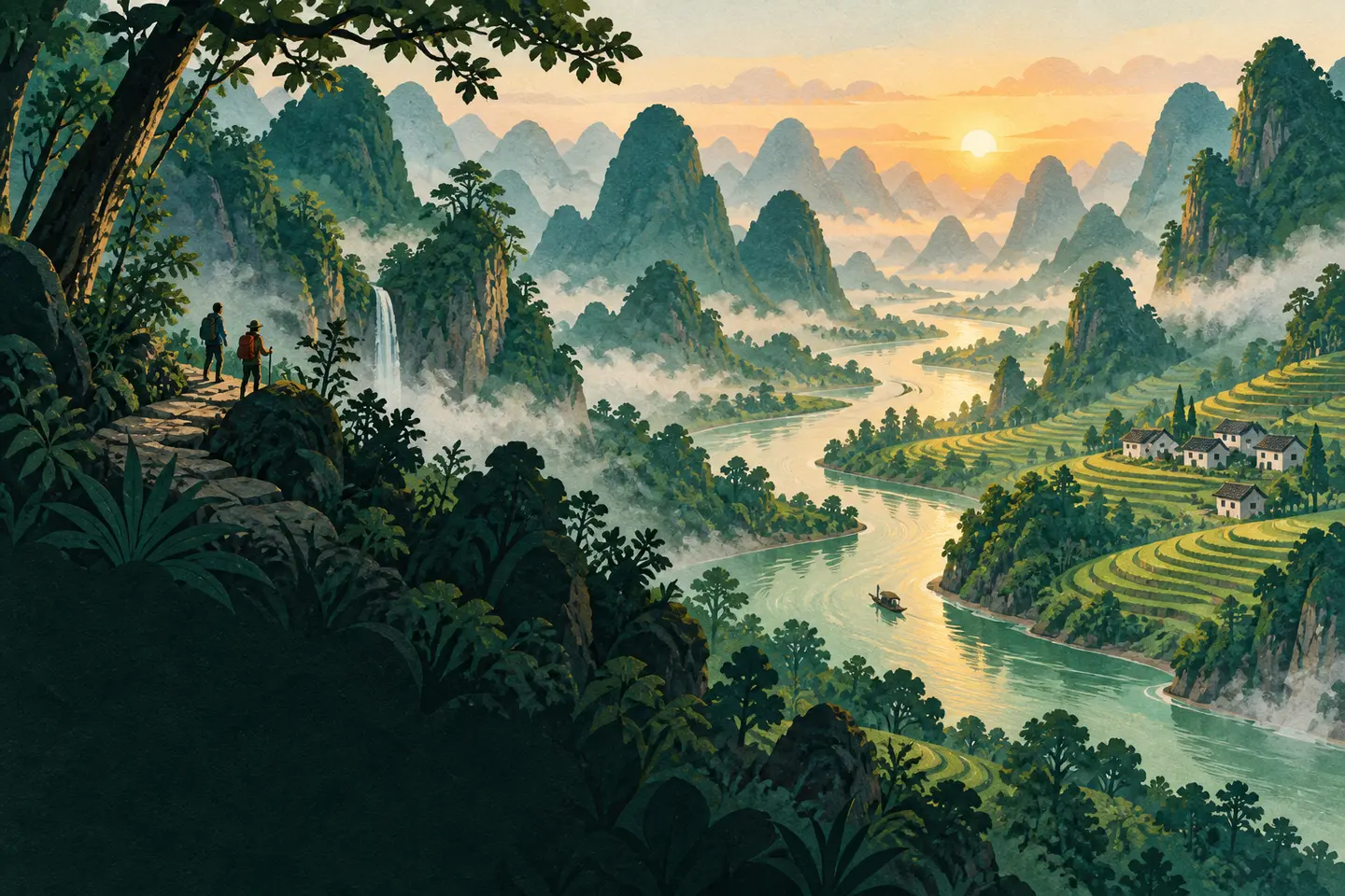 Illustrated river winding between karst peaks and terraced fields in golden morning light