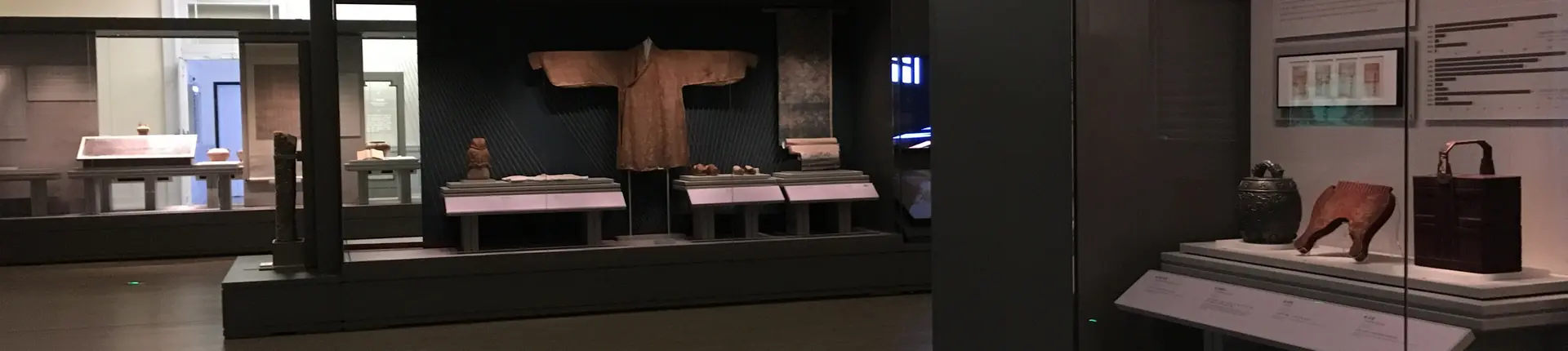 Illuminated museum display cases inside a dark exhibition room