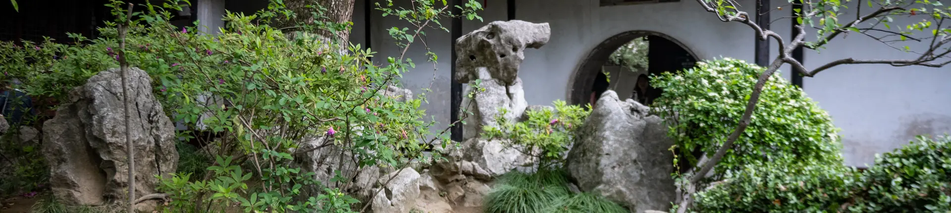 Ornamental rocks and a white garden wall among leafy trees in Tuisi Garden, Jiangsu
