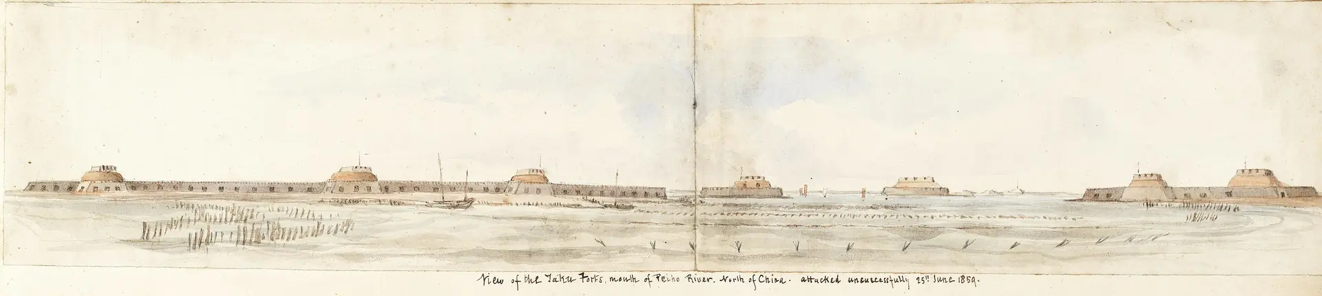 Faded historic view of low fort walls and flagpoles at Dagu Fort near Tianjin