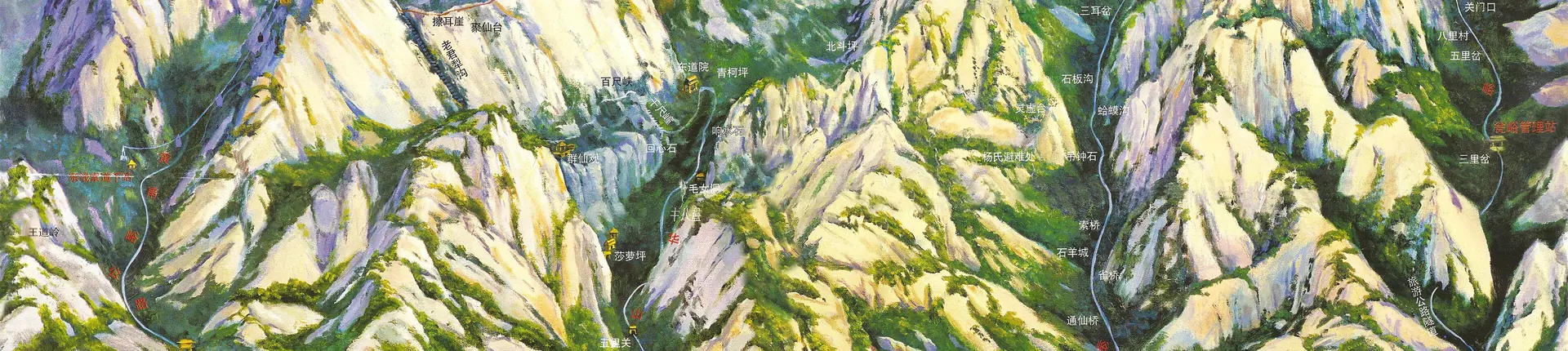 Relief map showing mountain ridges and green valleys around Huashan