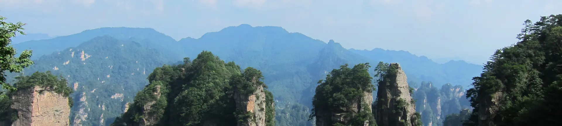 Forest-covered sandstone pillars beneath hazy mountain ridges in Zhangjiajie