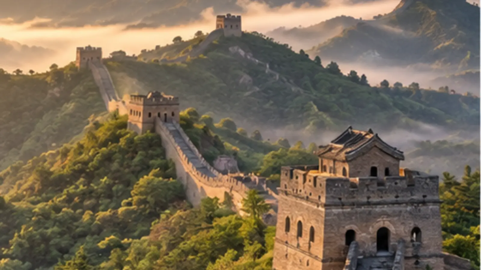 Illustrated Great Wall watchtowers crossing wooded mountain ridges in warm evening light