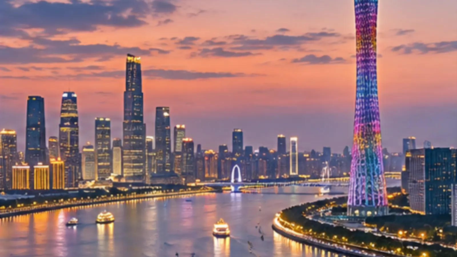 Guangzhou skyline and Canton Tower illuminated beside the Pearl River at sunset