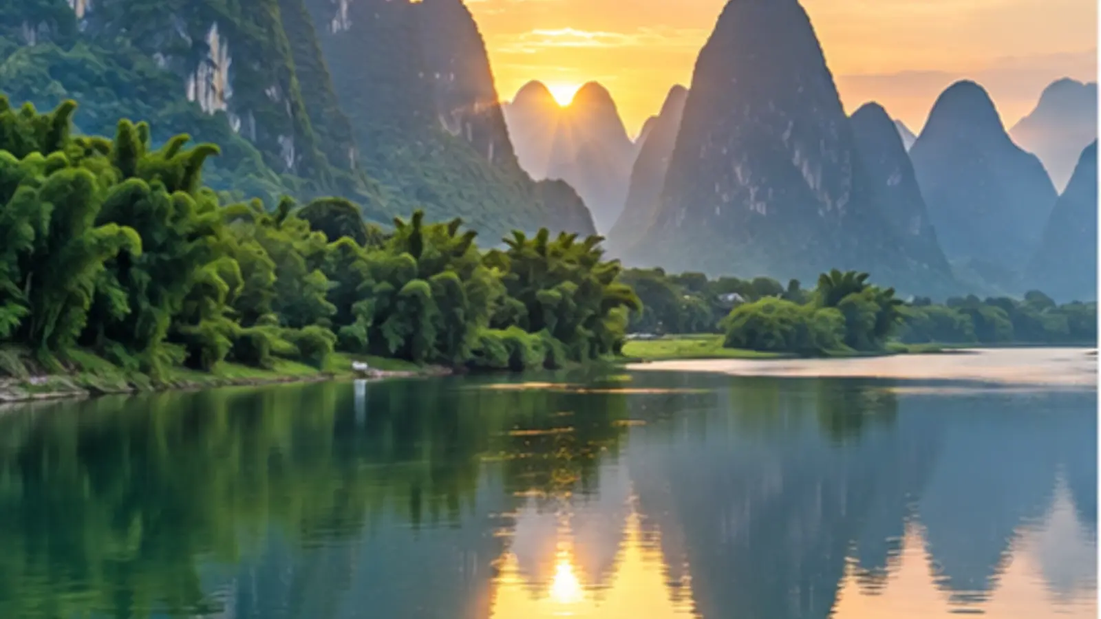 Illustrated karst peaks and bamboo reflected in a river at sunset