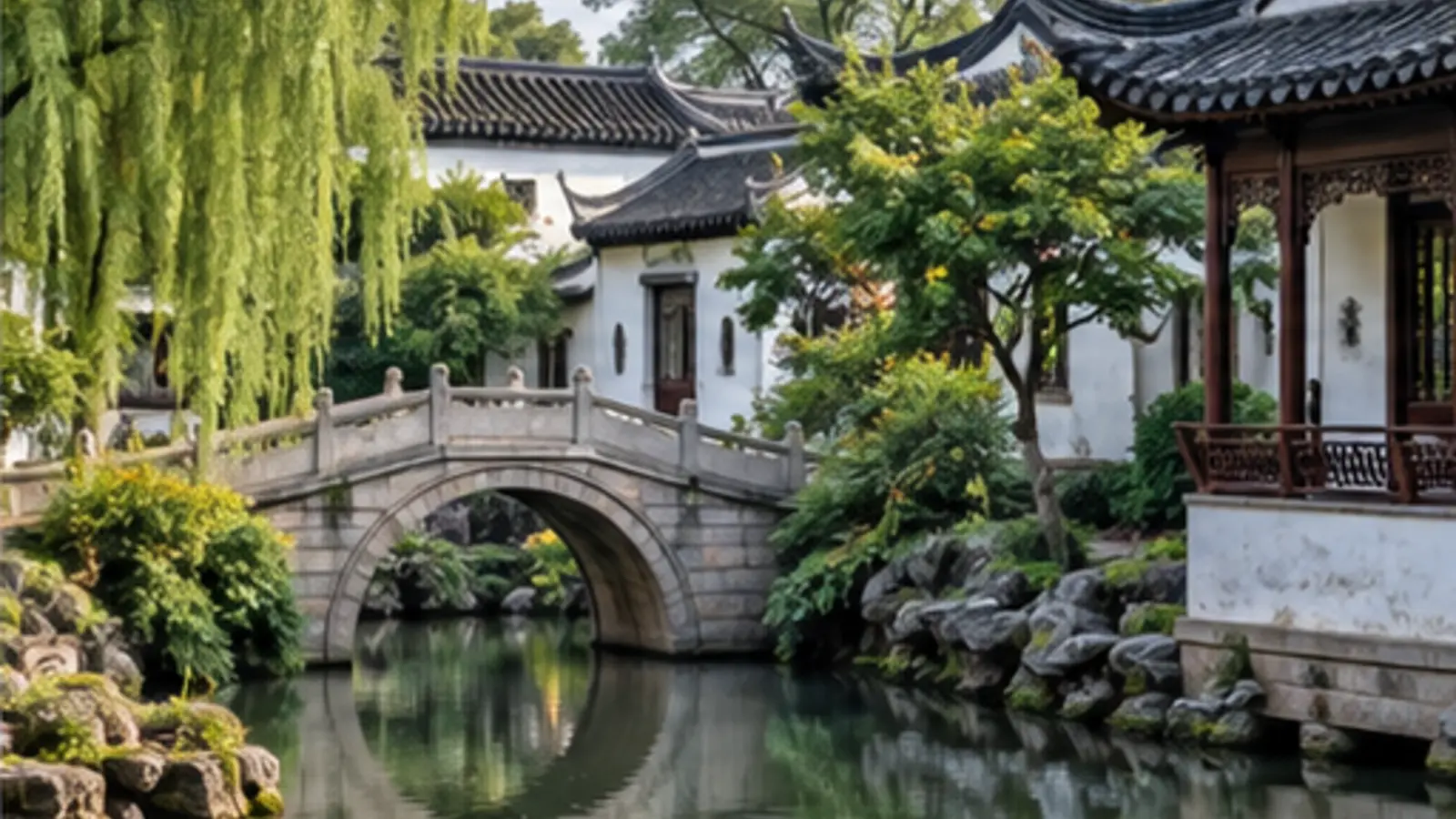 Illustrated stone bridge over a canal between white garden walls and leafy trees in Suzhou