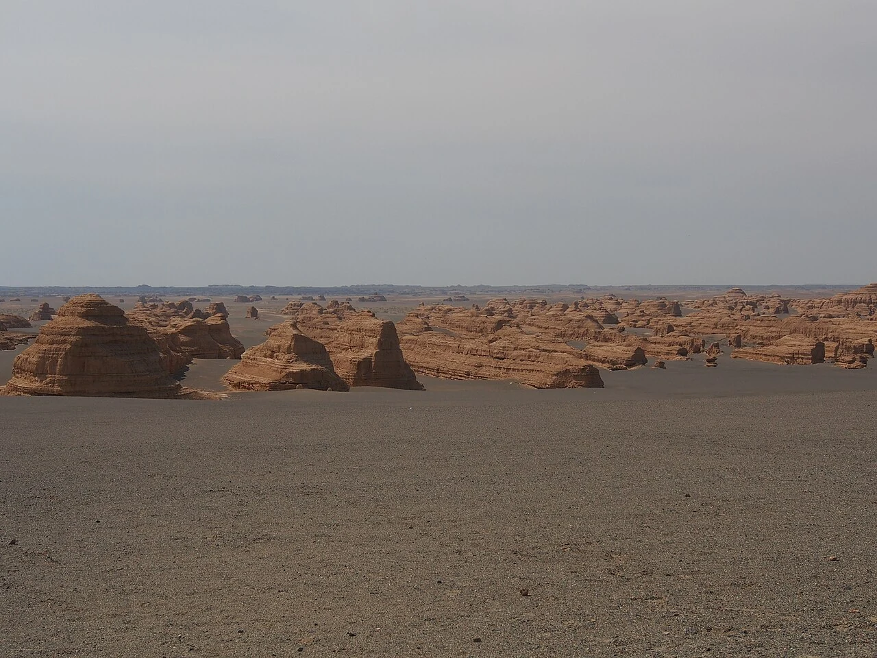 Formaciones rocosas bajas erosionadas en un desierto marrón y abierto bajo un cielo brumoso