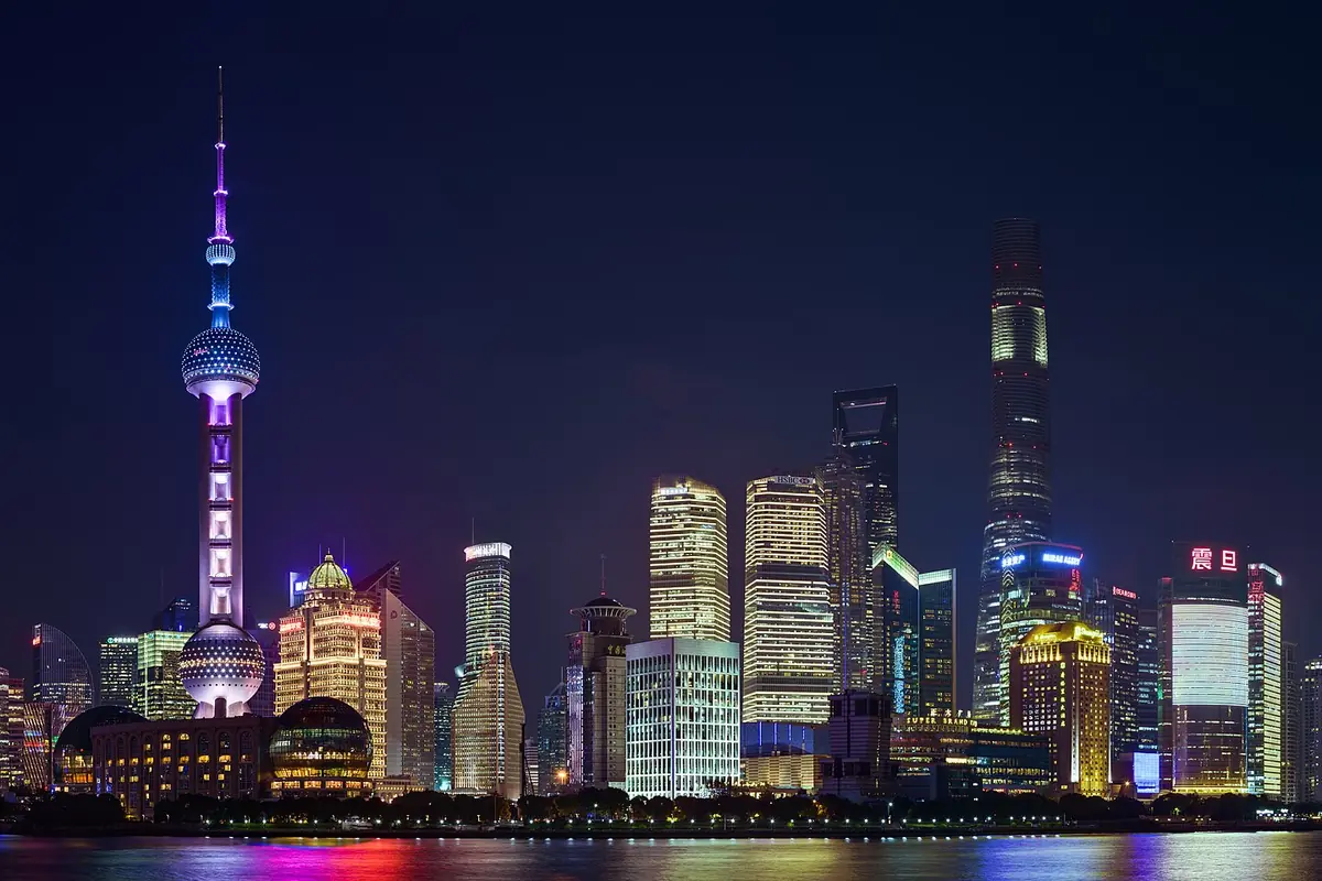 Shanghai's illuminated Pudong skyline and Oriental Pearl Tower at night
