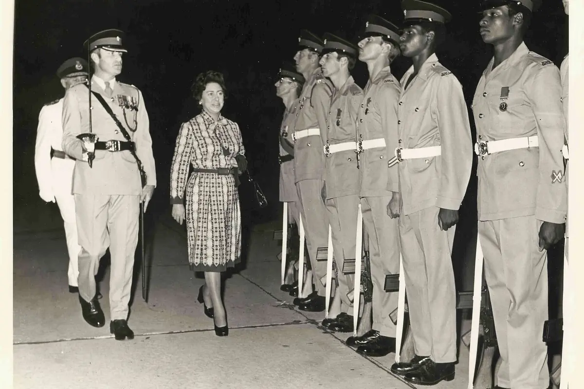 Princess Margaret inspects troops in Cyprus, in 1977, illustrating May