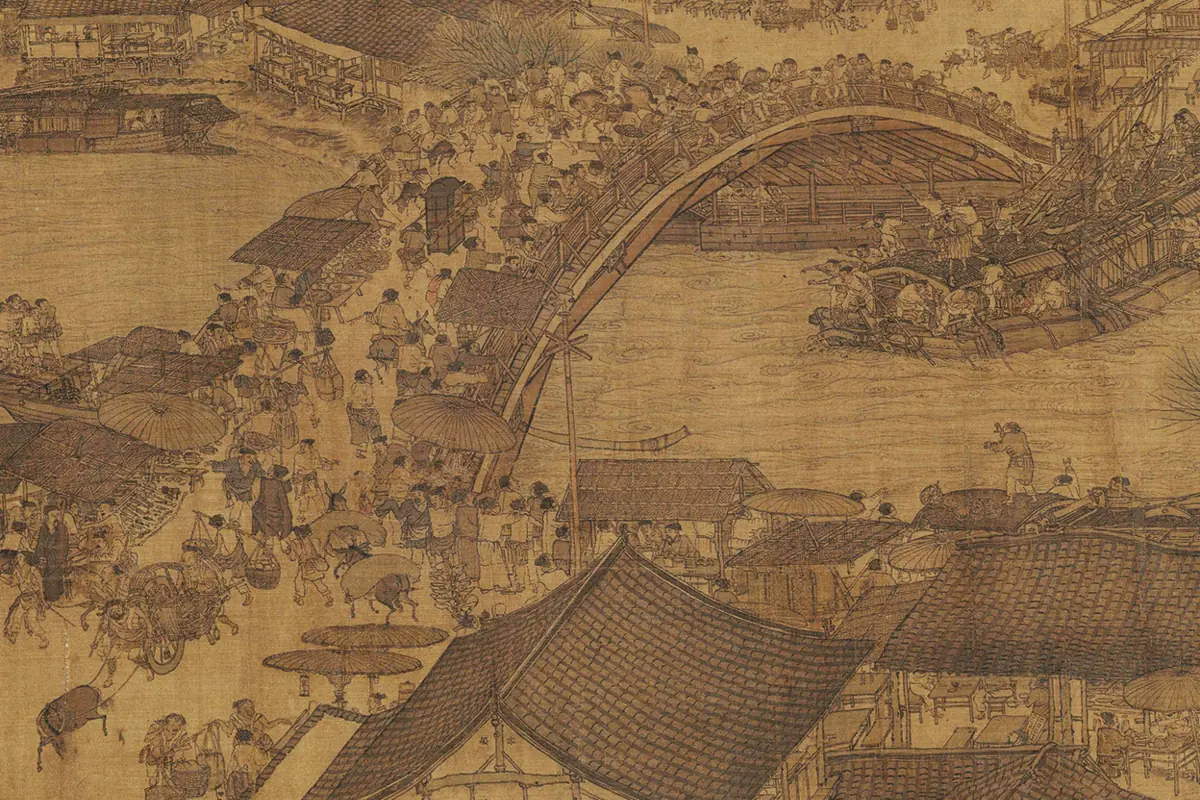Aged panoramic painting depicting buildings, boats and a busy riverside settlement
