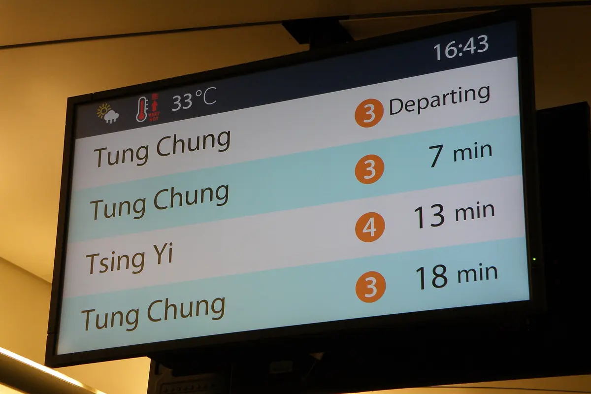 Trains and weather information display on MTR platforms, illustrating Hong Kong To Guilin