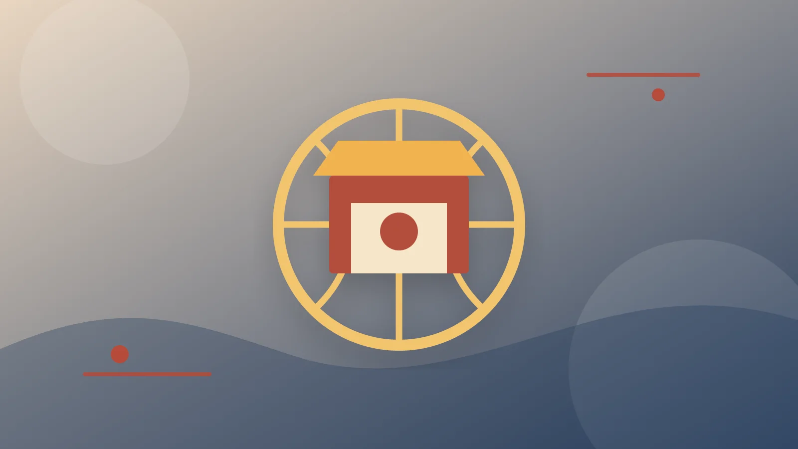 Illustrated golden circular emblem surrounding a red square on a blue-gray background
