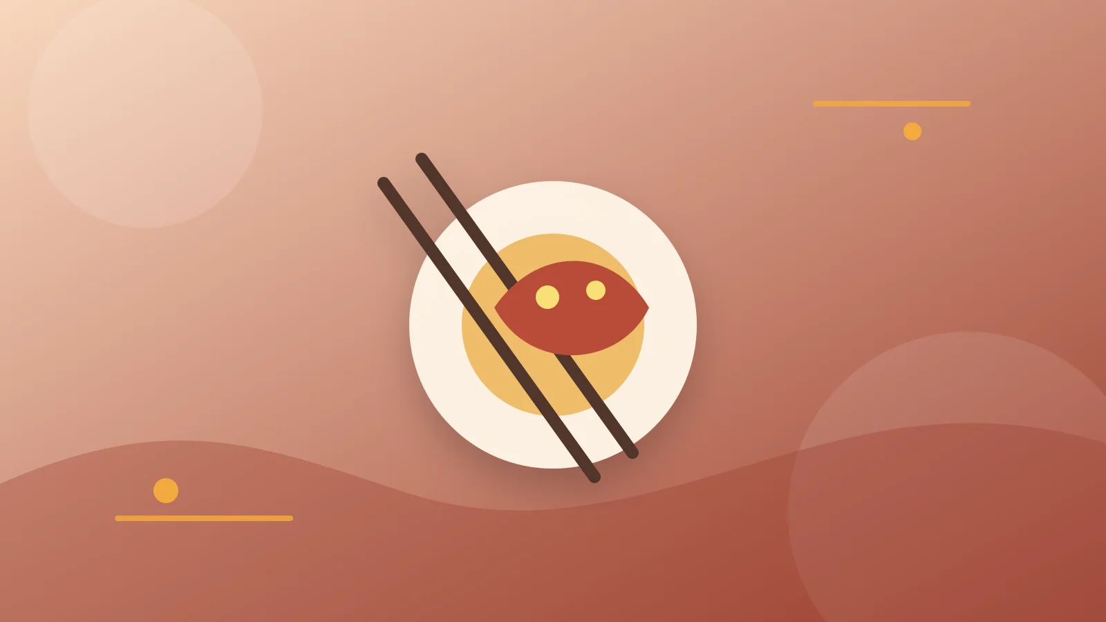 Illustrated plate, chopsticks and red food bowl on a warm orange background