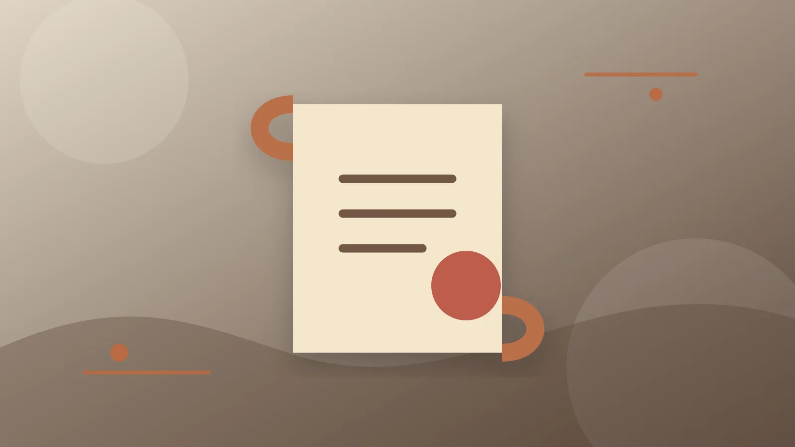 Illustrated cream document with dark lines and a red seal on a brown background