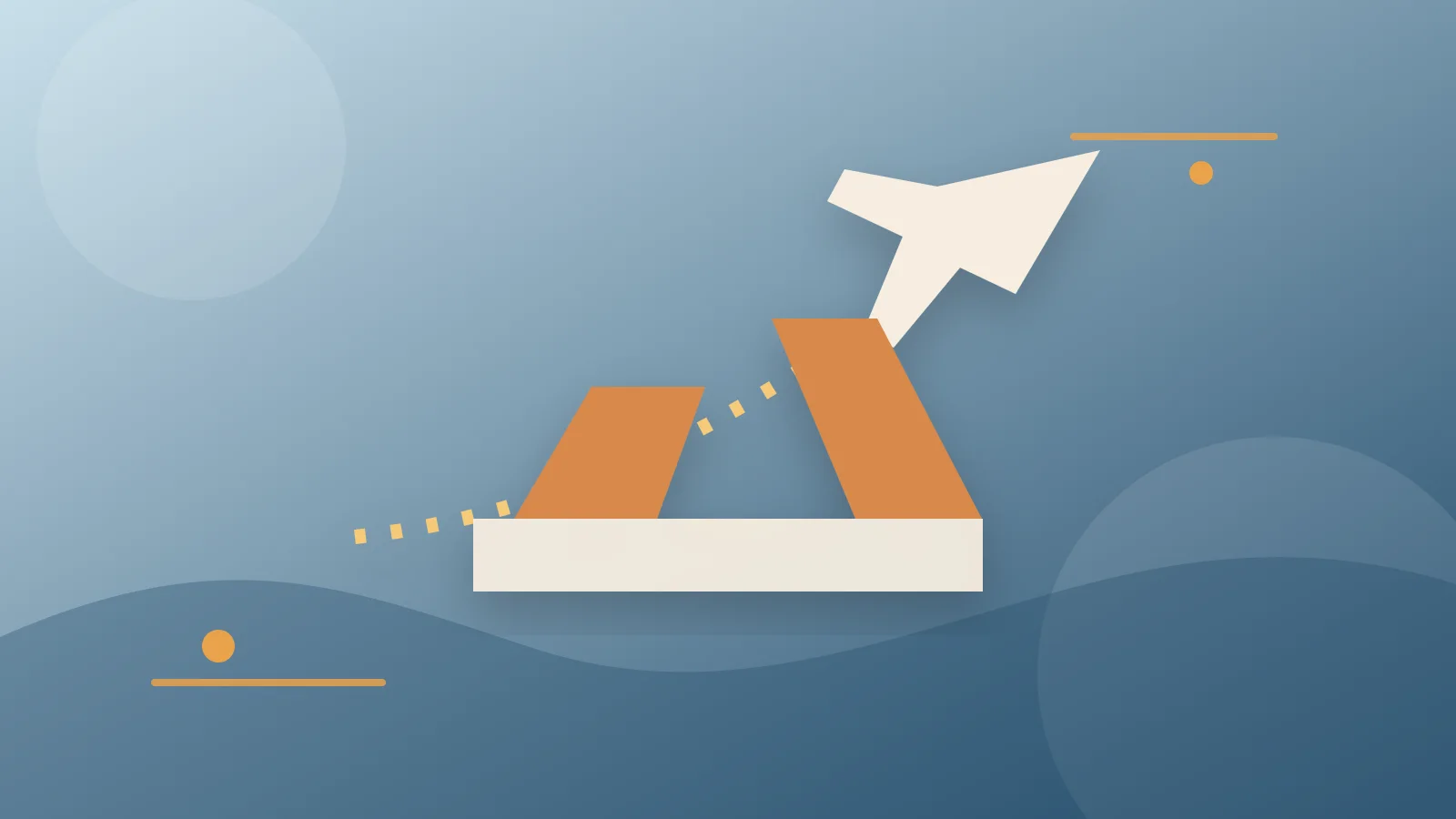 Illustrated white airplane lifting above orange ramps on a blue background