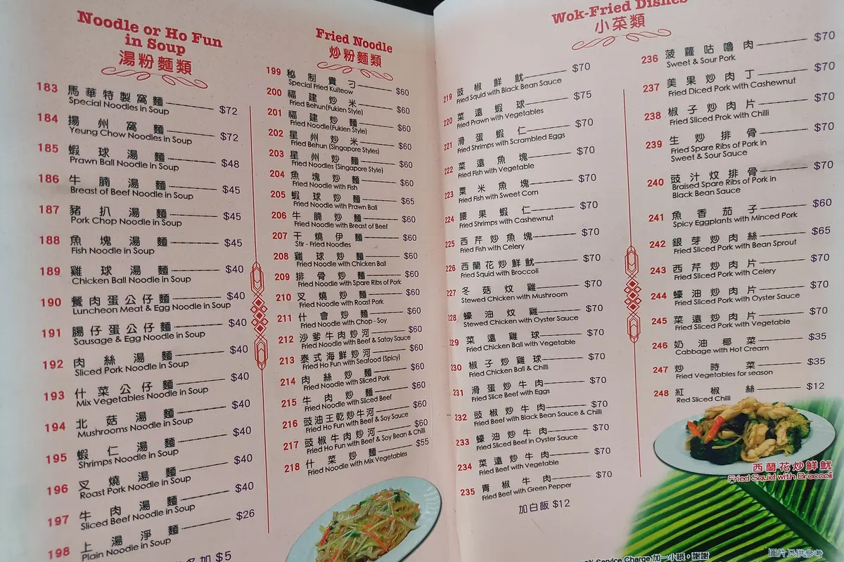 Menu ouvert d'un restaurant chinois indiquant les plats et les prix avec de petites photos