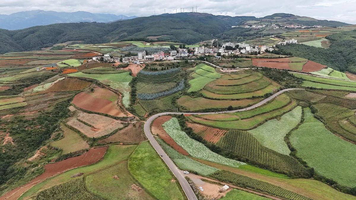 Curving fields in green and reddish soil around a hillside village in Yunnan