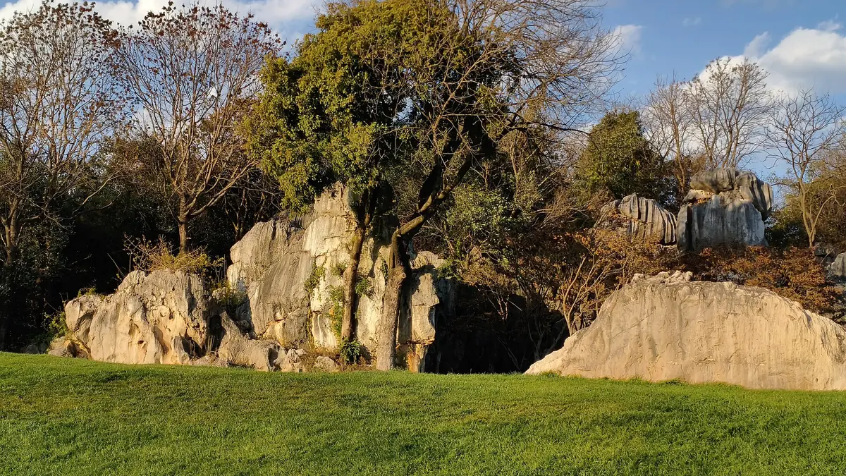 Limestone formations and bare trees beside a green lawn