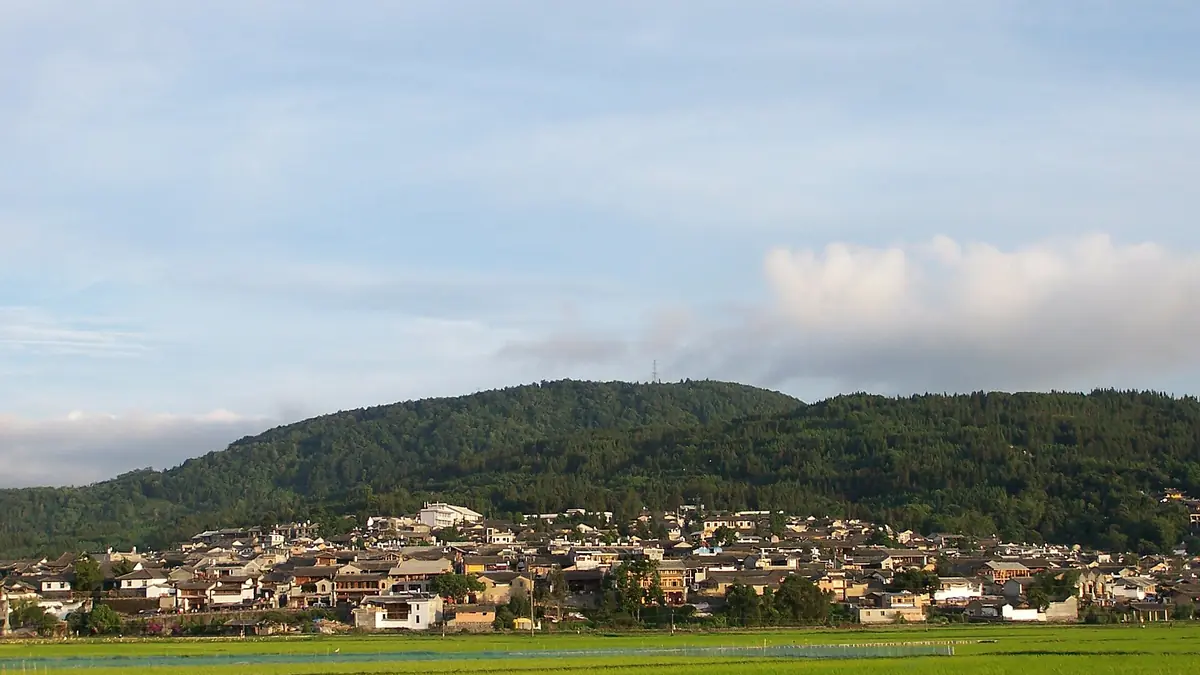 Low village houses and green fields beneath a wooded ridge