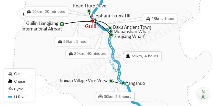 Karte der 4-tägigen klassischen Guilin- und Yangshuo-Rundreise