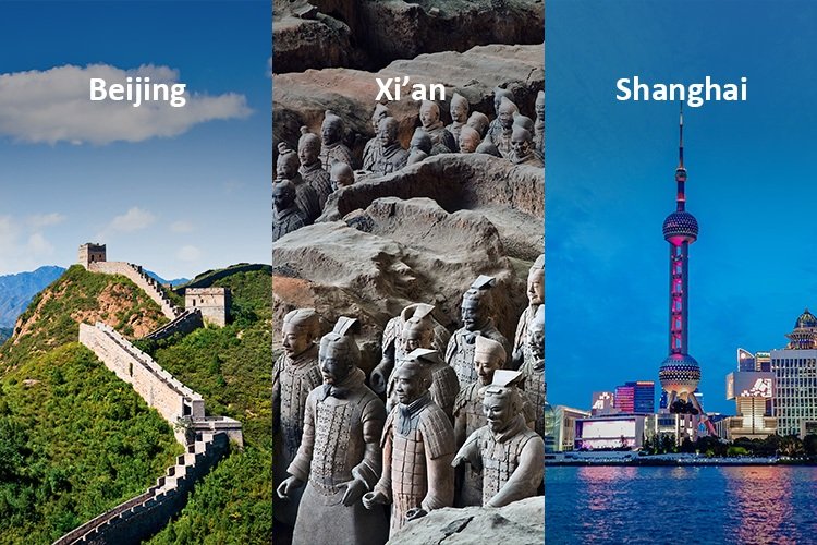 Three-panel collage of the Great Wall, Terracotta Warriors and Shanghai skyline labeled Beijing, Xi'an and Shanghai